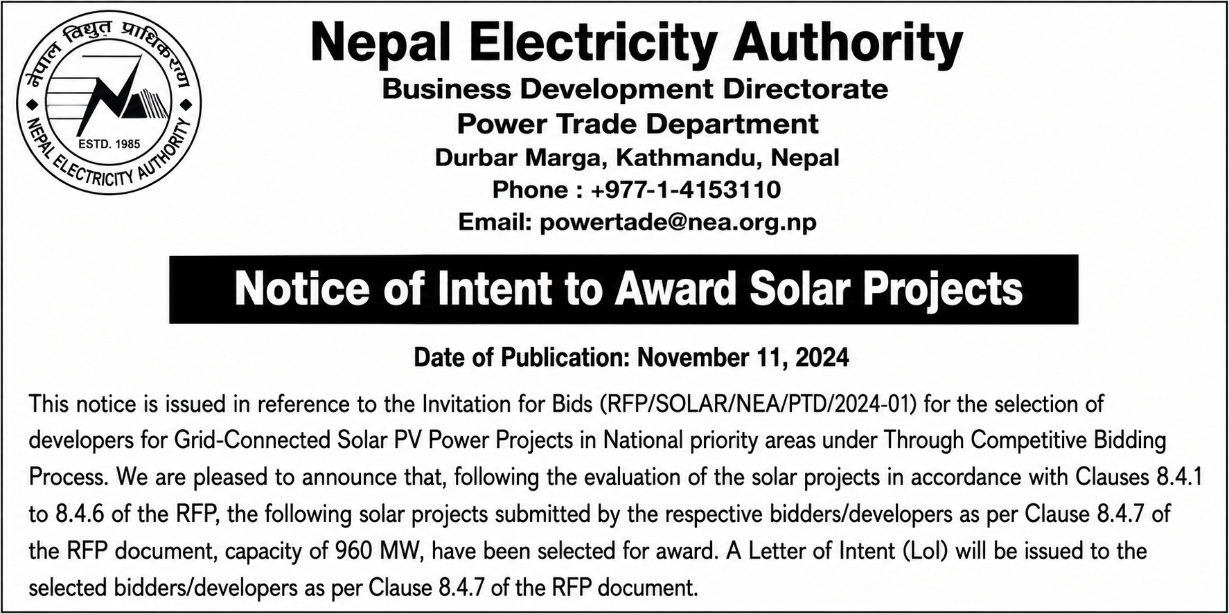 Notice of Intent to Award Solar Projects